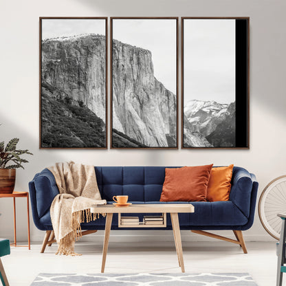 Monochrome canvas of El Capitan’s granite wall in Yosemite with snowy peaks, ideal for dramatic mountain or black-and-white nature decor.