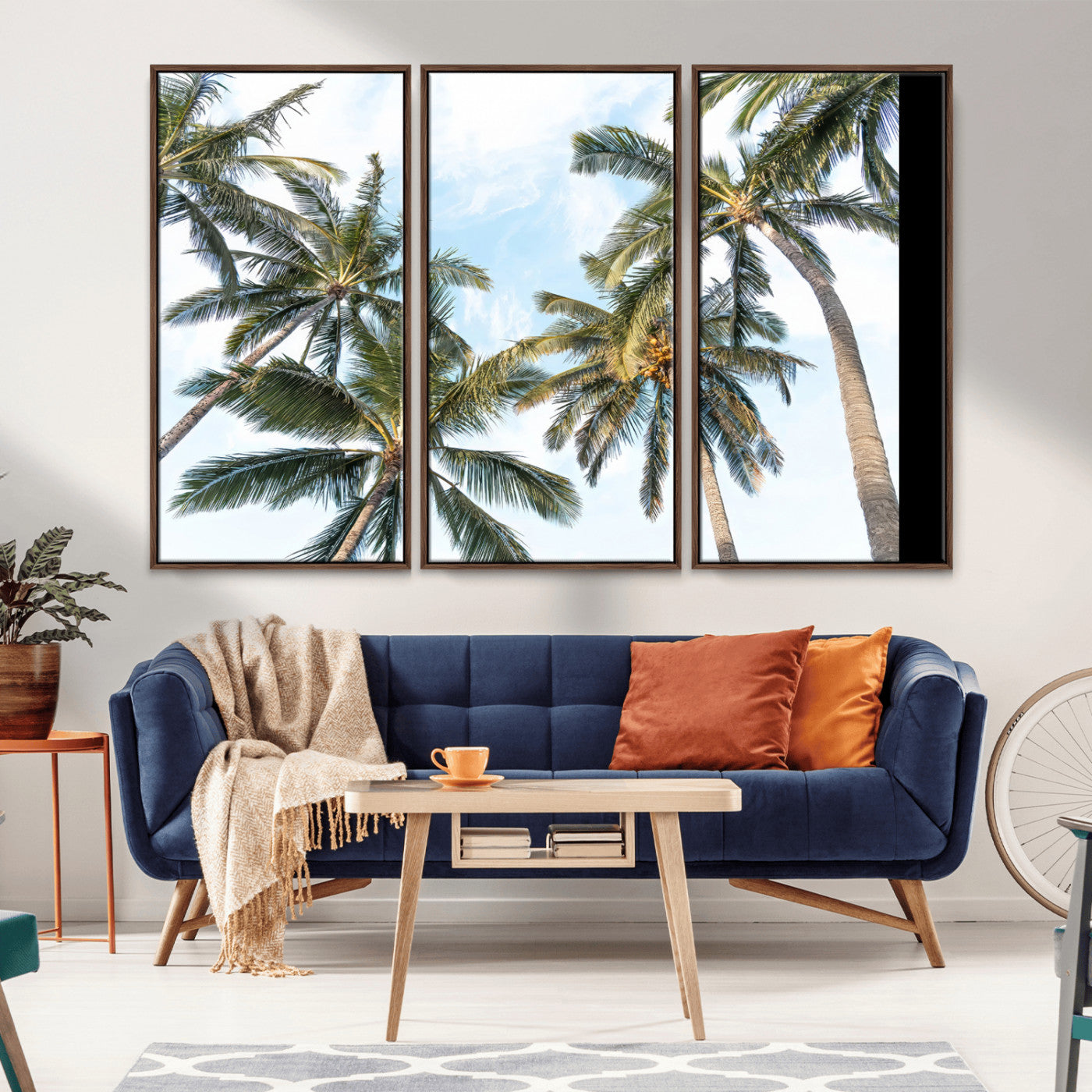 Framed canvas of tall palm trees reaching into a tropical sky, ideal for beach home or relaxed island-inspired wall decor.