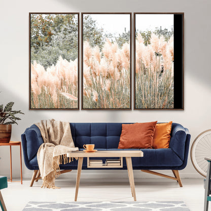 Soft pastel pampas grasses in a natural setting, ideal for neutral boho or rustic botanical-style interior wall decoration.