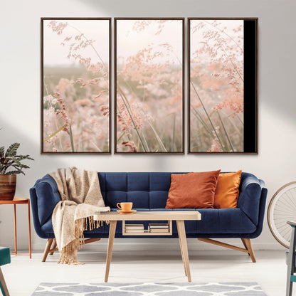 Soft pastel field with wild grasses in warm light, ideal for minimal nature or airy countryside-inspired interior wall decoration.