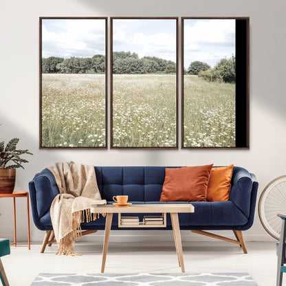 Soft-toned image of a wild daisy field under a cloudy sky, ideal for neutral or Scandinavian-inspired home decor.