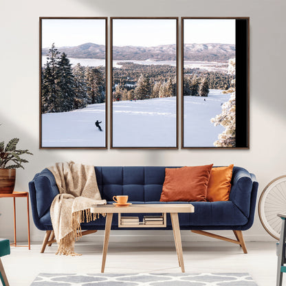 Canvas of a snowy mountain ski slope with pine trees and bright winter light, ideal for modern rustic or alpine-inspired home decor.