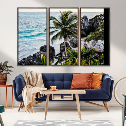 Framed canvas of a vibrant tropical coastline with palm trees, rocky cliffs, and turquoise waters, ideal for tropical coastal home decor.