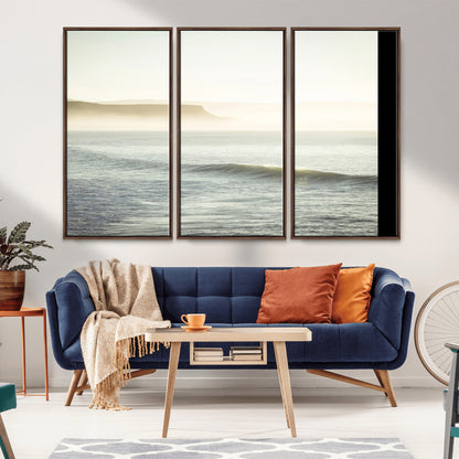 Canvas of a misty ocean scene with coastal cliffs and soft neutral tones, ideal for Scandinavian coastal or minimalist nature-inspired home decor.