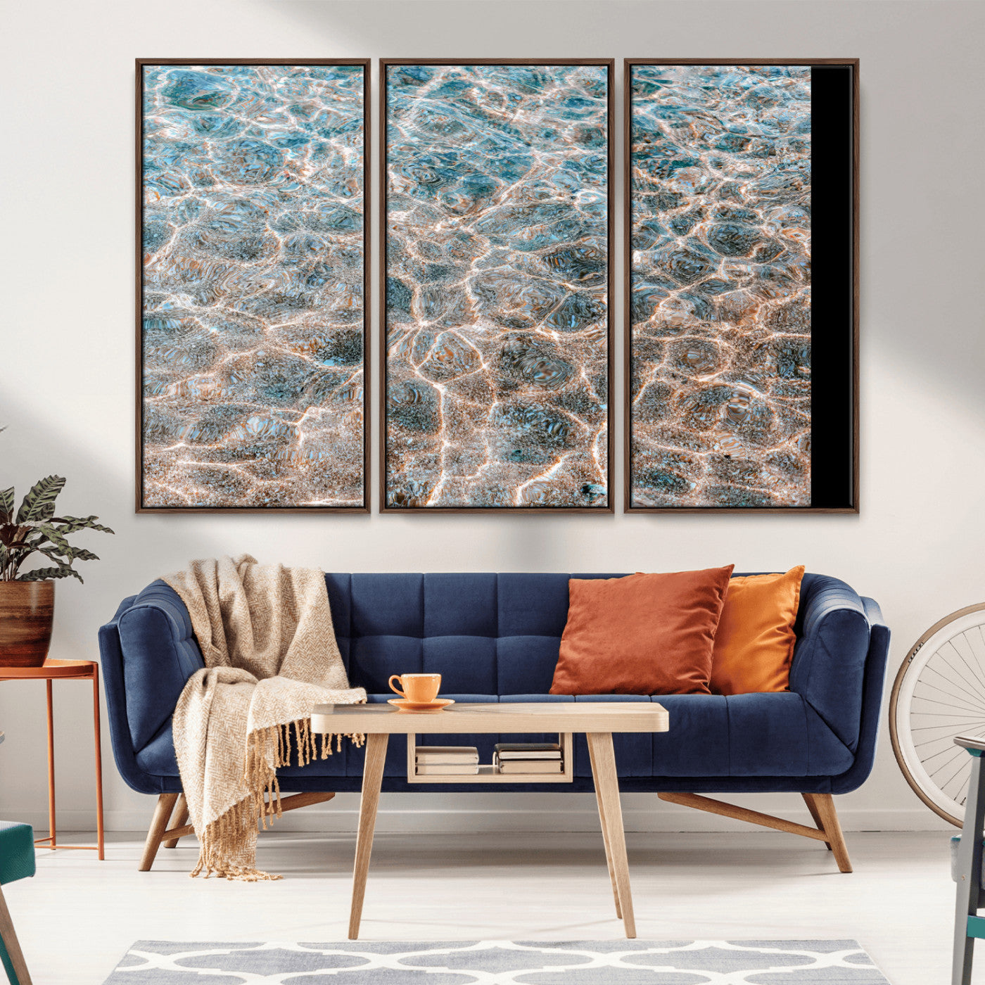 Close-up of sunlit ocean ripples with aqua blue and golden tones, ideal for modern coastal or minimalist home decor.