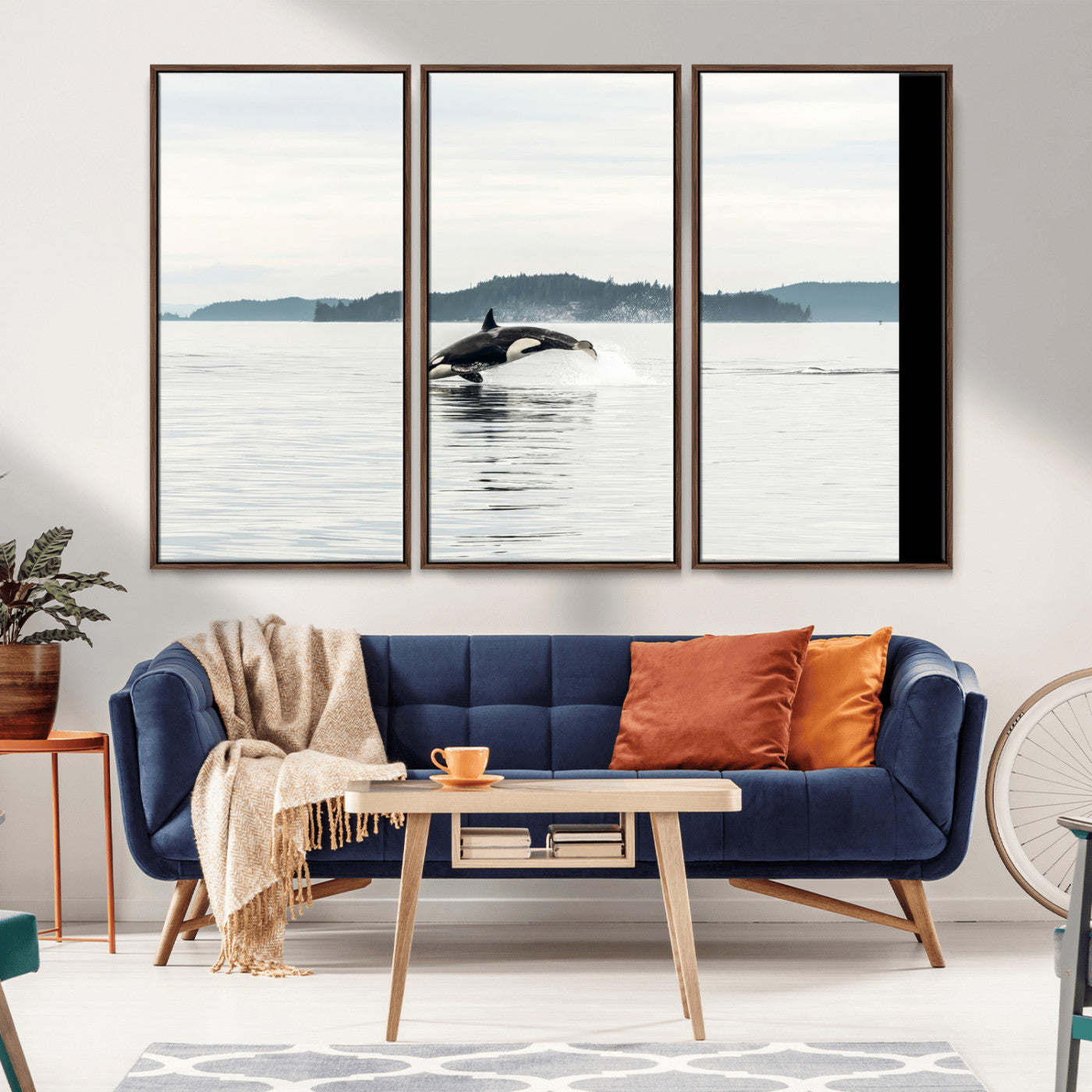 An orca jumping out of calm ocean waters with a misty island in the background, creating a serene and minimalist marine wildlife scene.