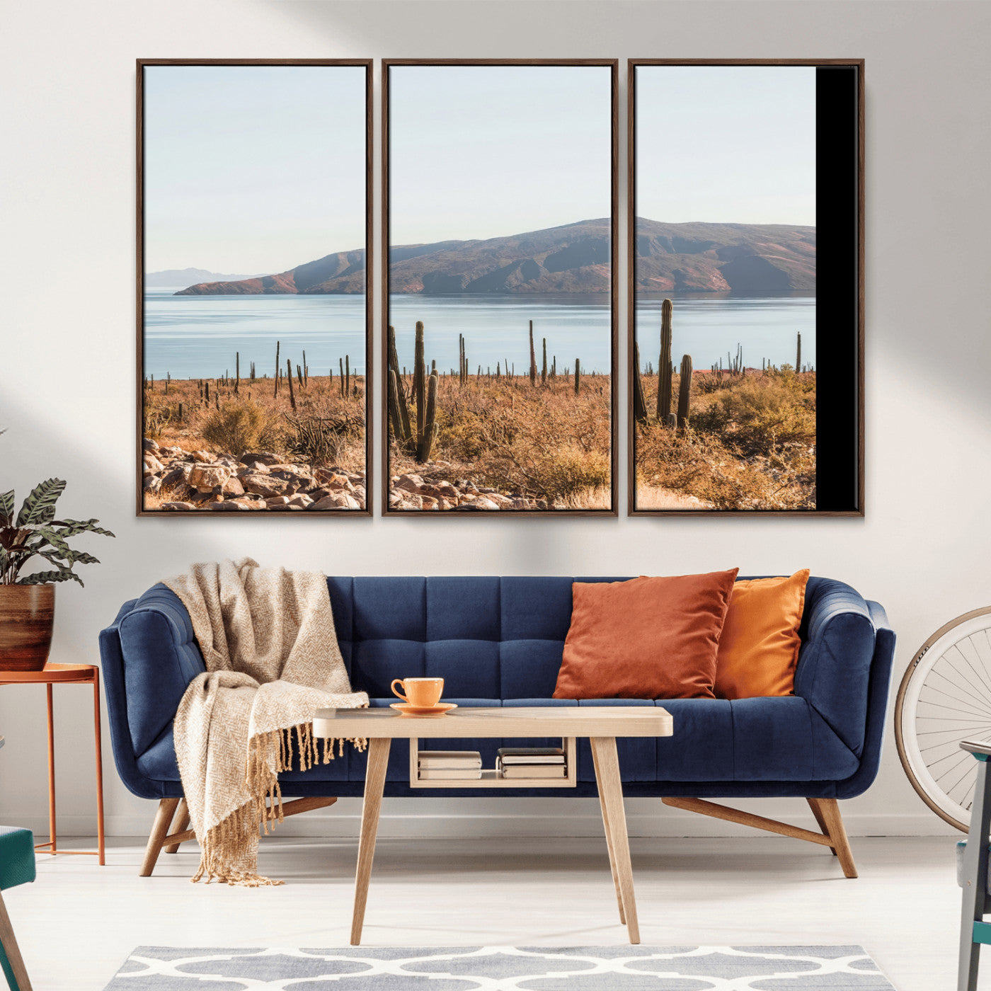 Warm desert landscape with cacti and coastal mountains, perfect for southwestern or earthy calm-themed home wall decor.