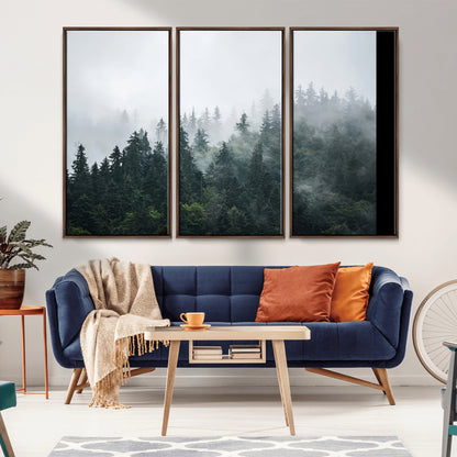 A misty evergreen forest shrouded in soft fog, creating a tranquil and moody landscape with lush green trees fading into the distance.