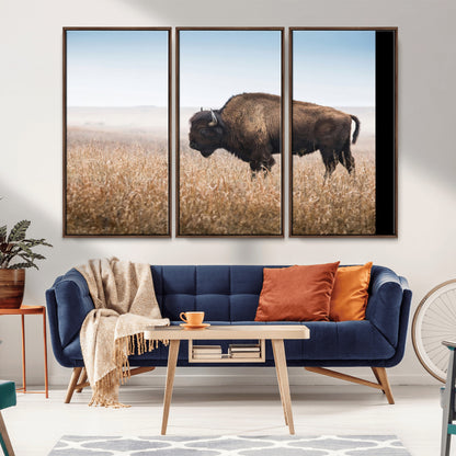 A majestic bison standing in an open prairie field, its strong form blending into the golden grass under a vast blue sky, evoking the wild spirit of the American plains.