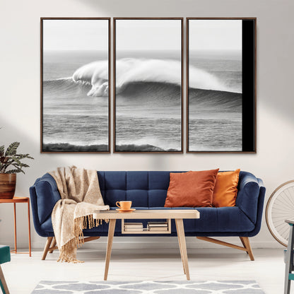 A dramatic black and white ocean wave crashing with immense force, capturing the raw power and movement of the sea in a bold seascape.