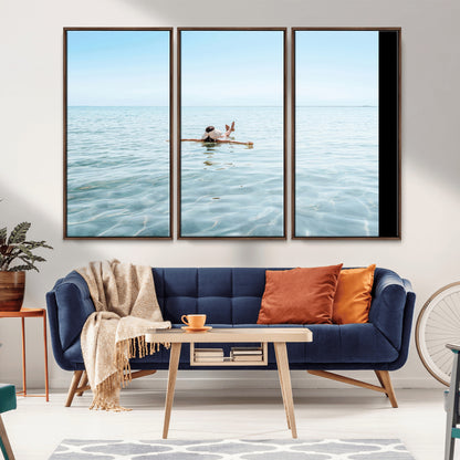 A peaceful minimalist scene of a person floating on crystal-clear water, surrounded by a vast open horizon, capturing relaxation and serenity in a tranquil aquatic setting.
