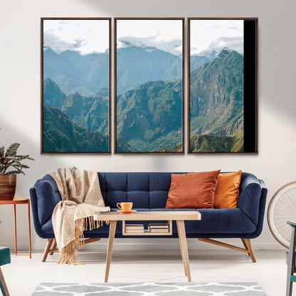 A misty mountain landscape with cloud-covered Andean peaks and lush green valleys, creating a dramatic and serene view, perfect for rustic or nature-inspired home decor.