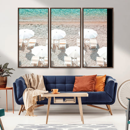 A bright beach scene with white umbrellas, pastel sand, and turquoise waters, creating a tranquil coastal vibe, perfect for beach house or summer decor.
