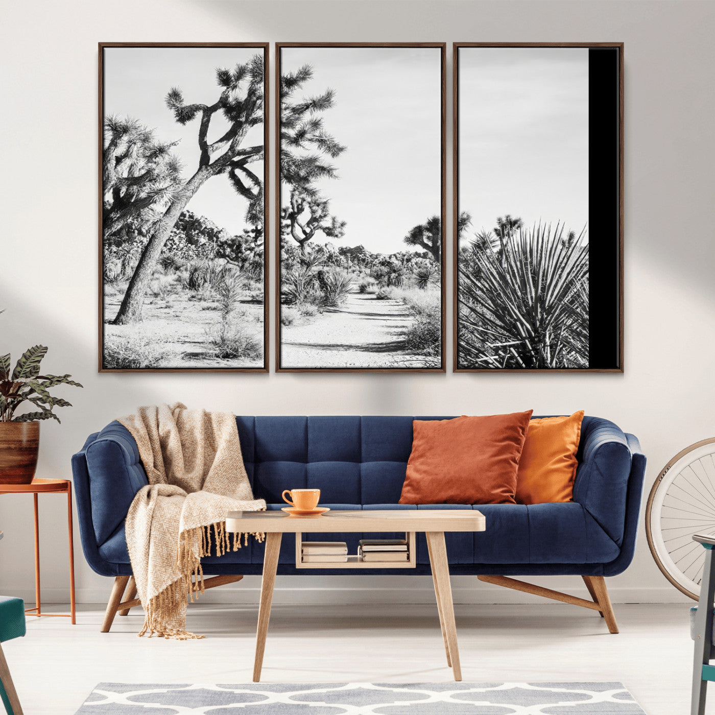 Canvas of a Joshua Tree forest in black and white tones, featuring a desert path and spiky vegetation, ideal for minimalist or rustic decor.