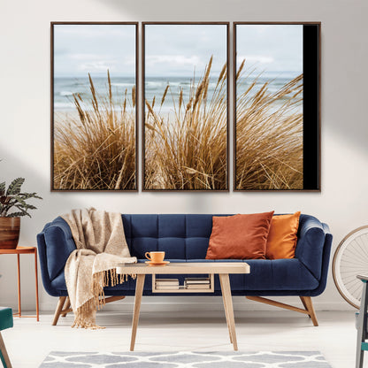 Canvas of golden beach grass swaying by the ocean under a soft cloudy sky, perfect for neutral-toned or coastal minimalist decor.