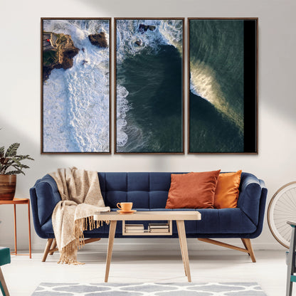 Canvas showing an aerial view of crashing waves along the Nazaré coastline, perfect for dramatic coastal or ocean-themed home decor.