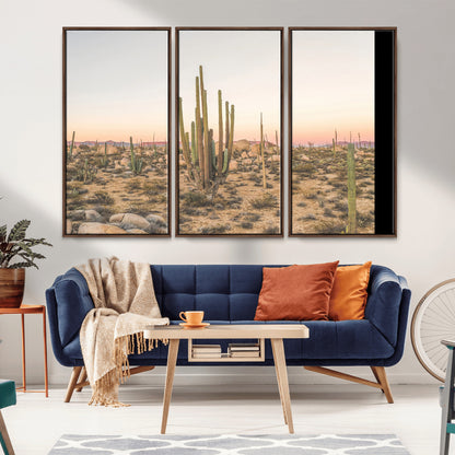 Canvas of tall desert cacti in warm sunset tones over a rocky Baja landscape, ideal for earthy or Southwestern-style home decor.