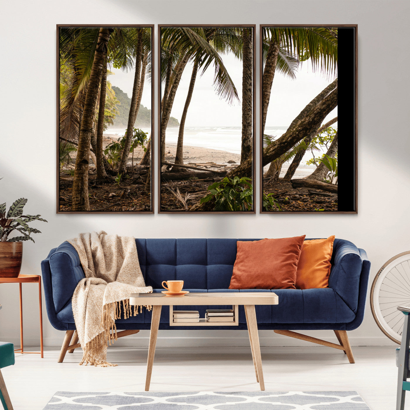 Dense tropical palm trees framing a sandy beach and ocean shore, ideal for jungle or coastal themed interior wall decor.