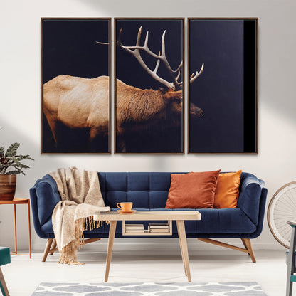 Side view of a majestic elk with large antlers against dark background, perfect for rustic lodge or cabin style home decoration.