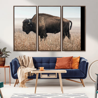 A lone bison stands in a vast prairie under a soft sky, evoking freedom and rustic charm for western or farmhouse inspired interiors.