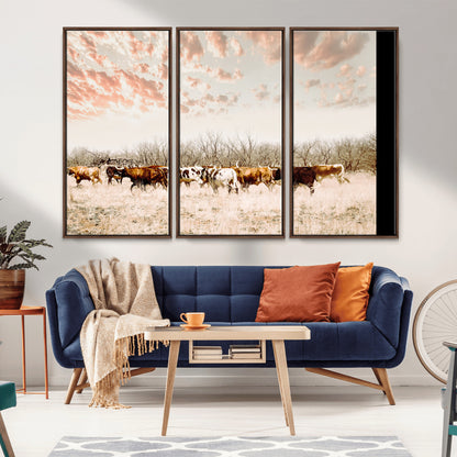 Cattle herd in a soft-toned field under a pastel pink sky, creating a peaceful rustic feel, perfect for farmhouse or western-themed spaces.