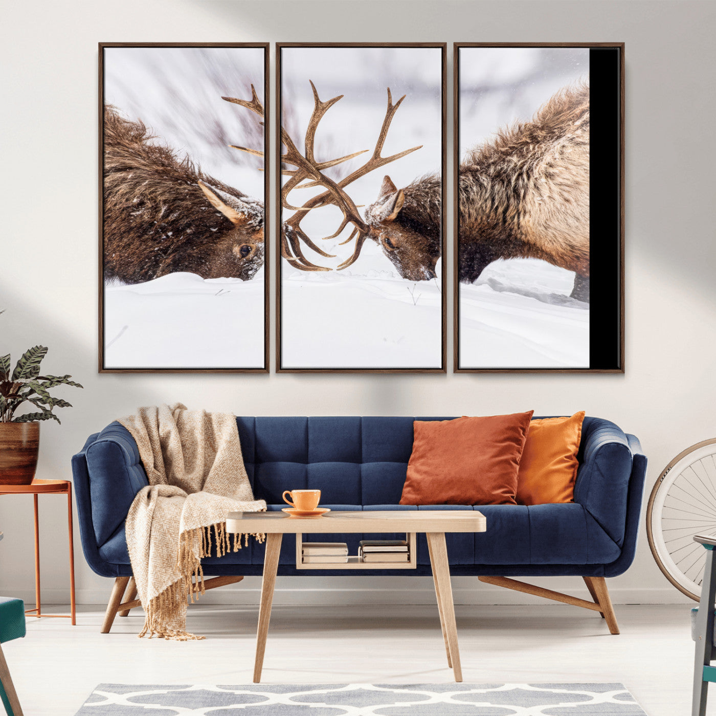 Two elk clashing antlers in a snowy forest, capturing raw power and wild energy, ideal for rustic cabin or lodge-style decor.