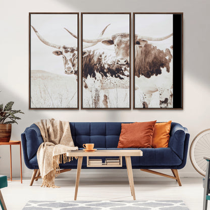 Two longhorn cows standing in a sepia-toned pasture with soft light, ideal for rustic or farmhouse-themed neutral wall decor.
