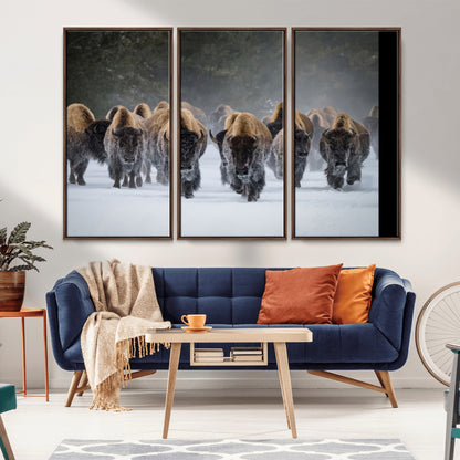 A herd of American bisons walking through deep snow in a forest, evoking a powerful rustic wilderness mood for western-style interiors.