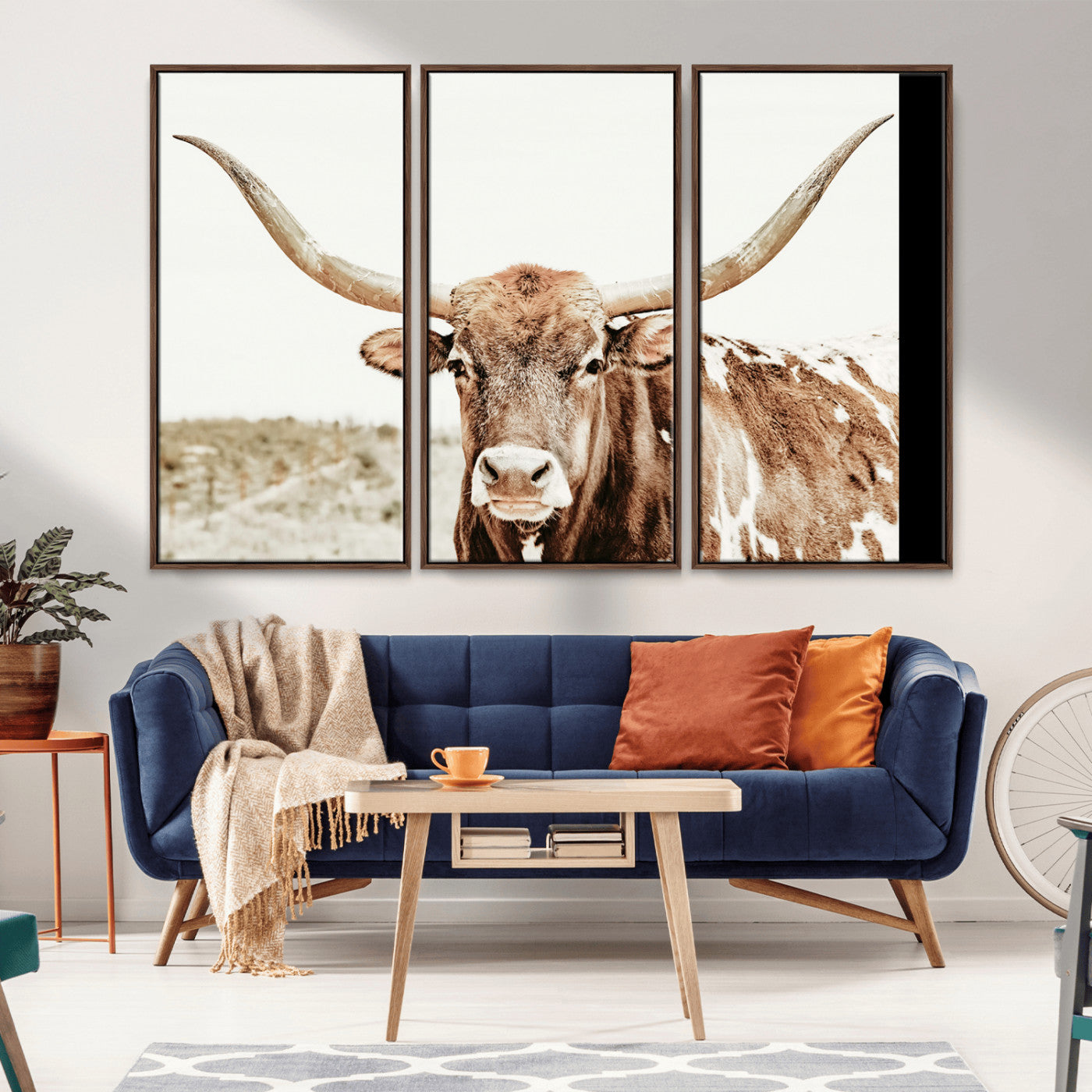 A Texas longhorn bull with wide horns, standing in a dry field under soft light, ideal for rustic farmhouse or western-themed interiors.