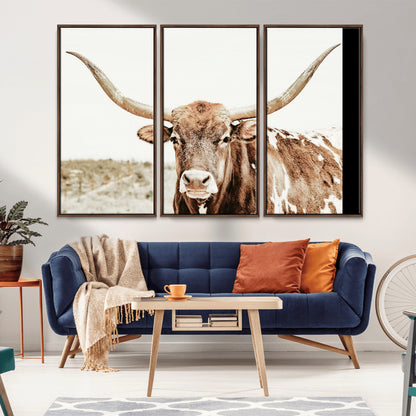 A Texas longhorn bull with wide horns, standing in a dry field under soft light, ideal for rustic farmhouse or western-themed interiors.