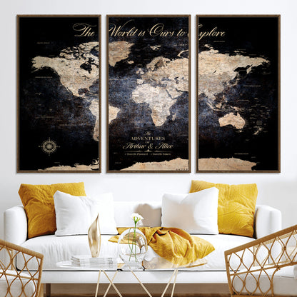 '-Customize Push Pin World Map Wall Canvas Print, Personalized Travel Tracker with Pins, Framed Large Canvas for Home Office Decor - H37