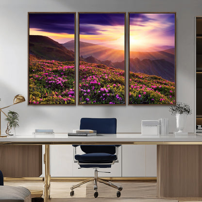 -Mountain Sunrise Wall Art – Vibrant Floral Landscape Canvas Print, Nature Home Decor for Living Room, Bedroom Office or Cabin
