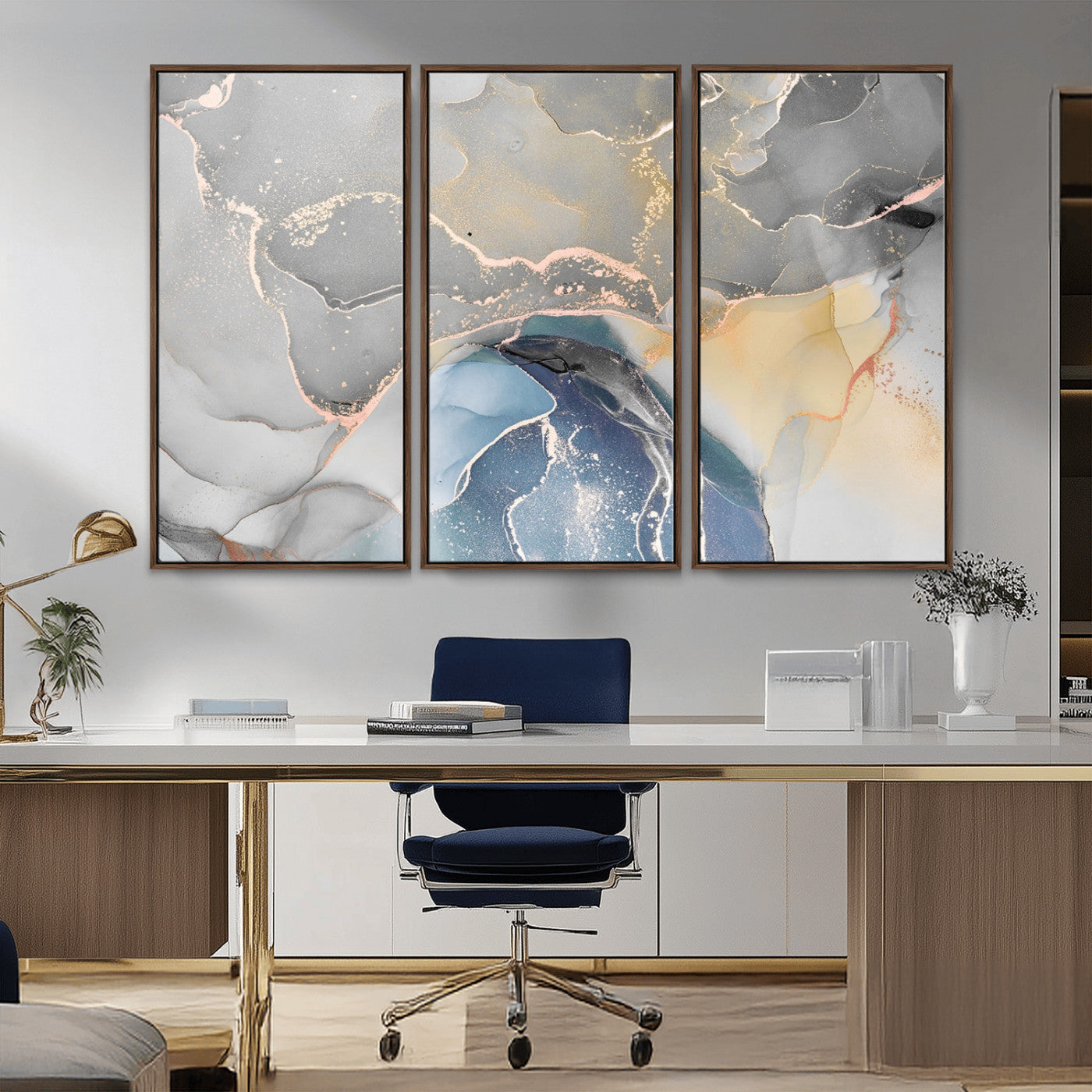 -Abstract Fluid Art Wall Decor – Blue, Gray & Gold Canvas Print, Modern Home and Office Wall Art Decor for Living Room, Bedroom or Workspace