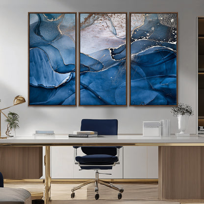 27810-MGV-FC-48X32-3P_Walnut-Abstract Blue Gold Fluid Art Wall Decor – Modern Canvas Print, Elegant Home & Office Wall Art, Stylish Living Room or Bedroom Decoration