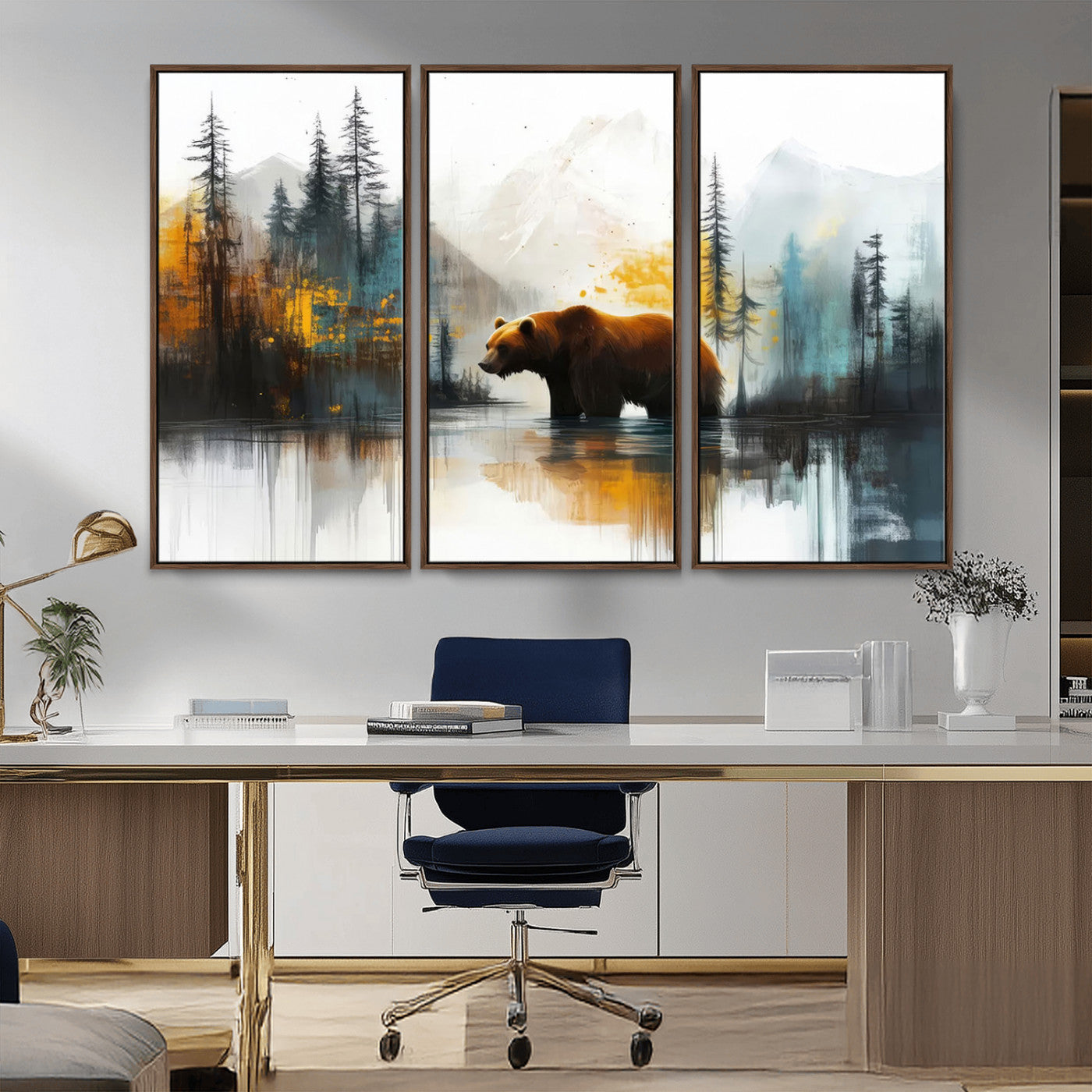 A majestic bear stands by the serene waters of a misty forest, surrounded by towering trees and distant mountains, evoking the raw beauty and wild spirit of nature.