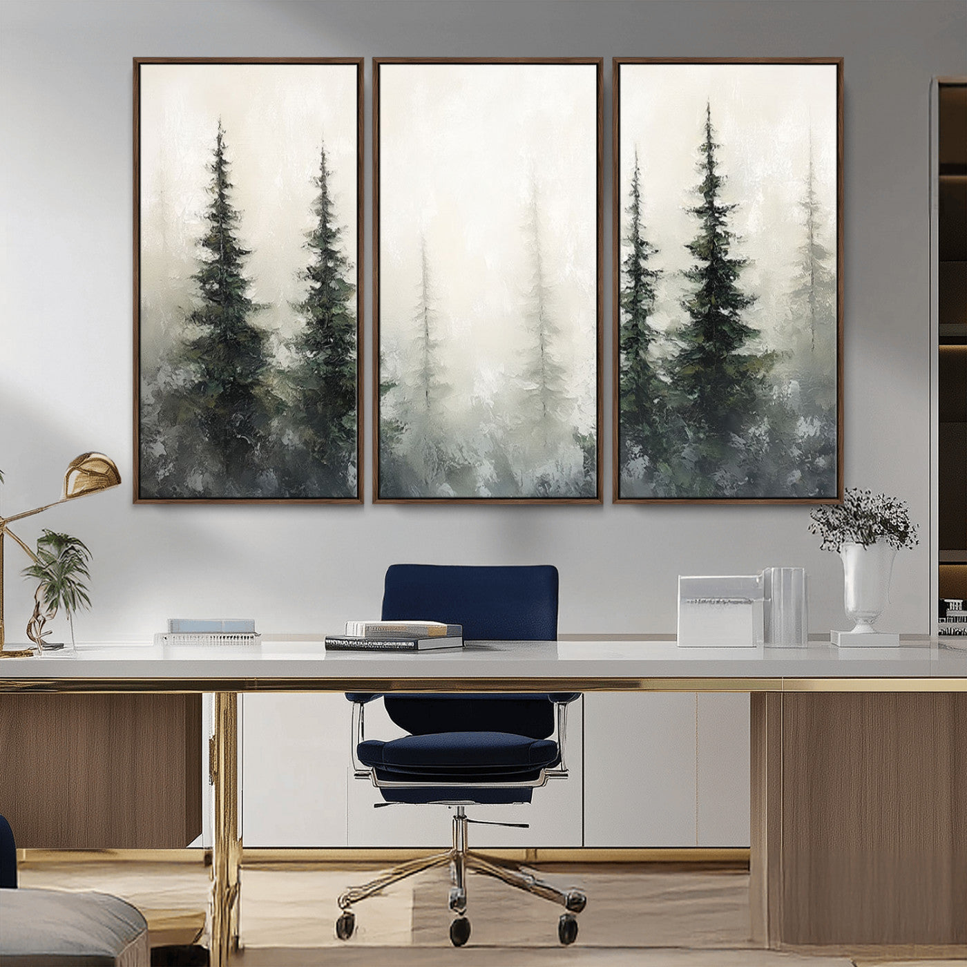 Soft and misty pine forest painting in neutral earthy tones, ideal for calm woodland or minimalist rustic home decor.