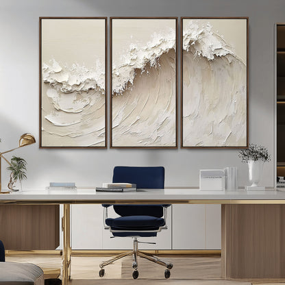 Textured canvas of an abstract white ocean wave in neutral tones, ideal for modern coastal or minimalist home decor.