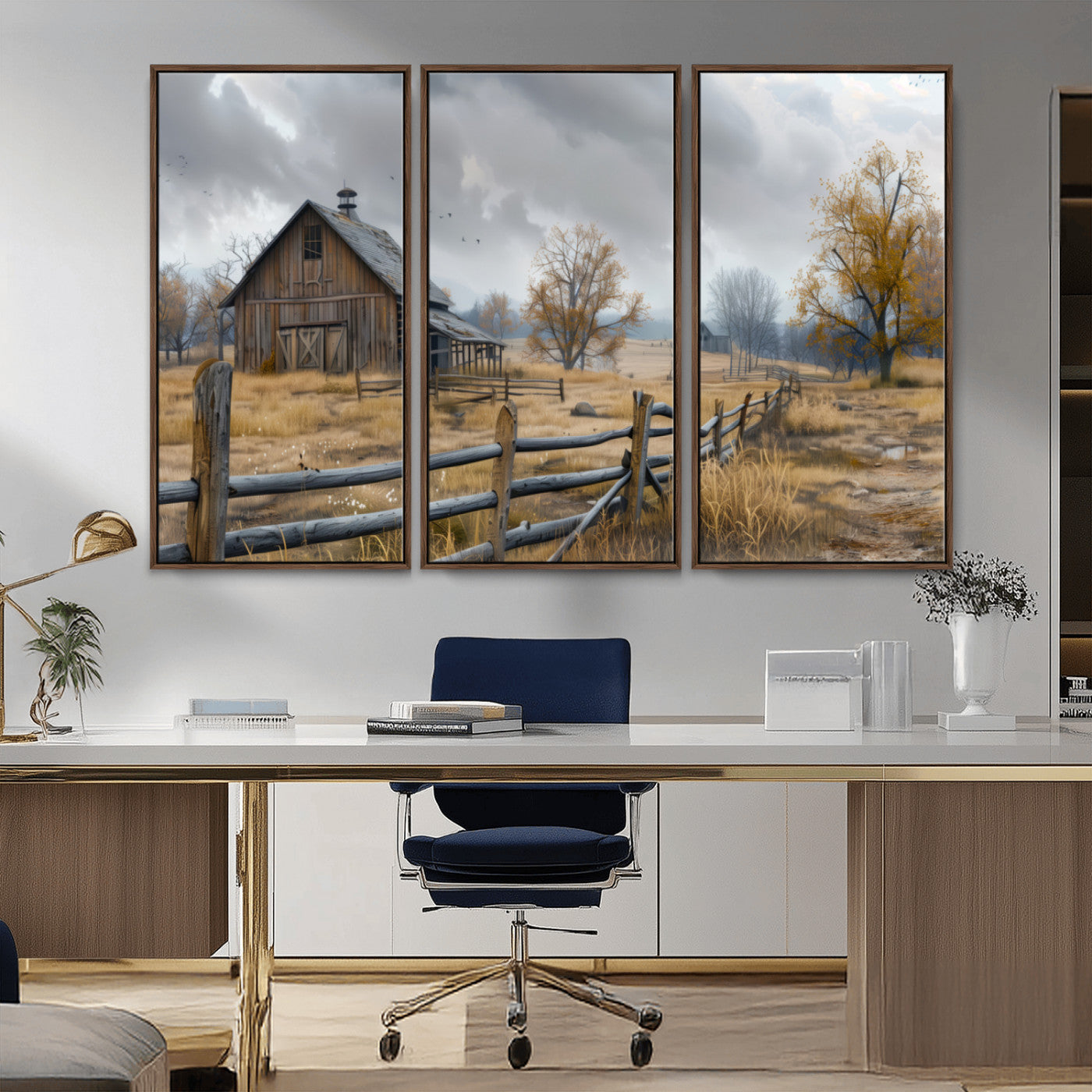 A tranquil rural scene featuring a rustic barn, overcast skies, and golden fields with scattered trees, evoking a sense of peaceful solitude in nature.