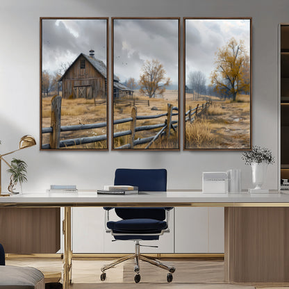 A tranquil rural scene featuring a rustic barn, overcast skies, and golden fields with scattered trees, evoking a sense of peaceful solitude in nature.