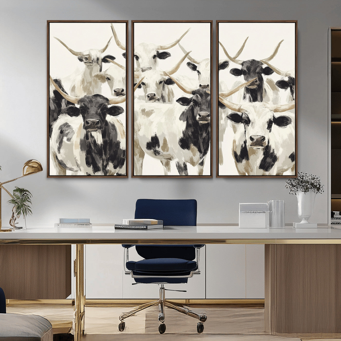 Canvas of a Texas Longhorn cattle herd in neutral black and white tones, ideal for rustic farmhouse or western-themed decor.