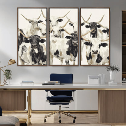 Canvas of a Texas Longhorn cattle herd in neutral black and white tones, ideal for rustic farmhouse or western-themed decor.