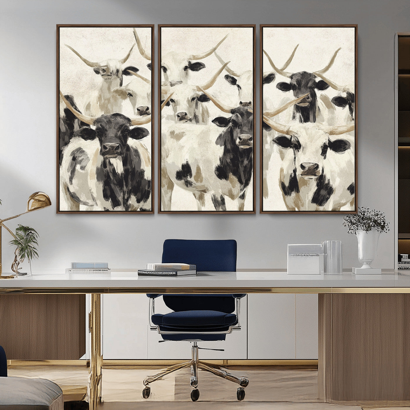Canvas of a Texas Longhorn cattle herd in neutral black and white tones, ideal for rustic farmhouse or western-themed decor.