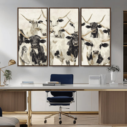Canvas of a Texas Longhorn cattle herd in neutral black and white tones, ideal for rustic farmhouse or western-themed decor.