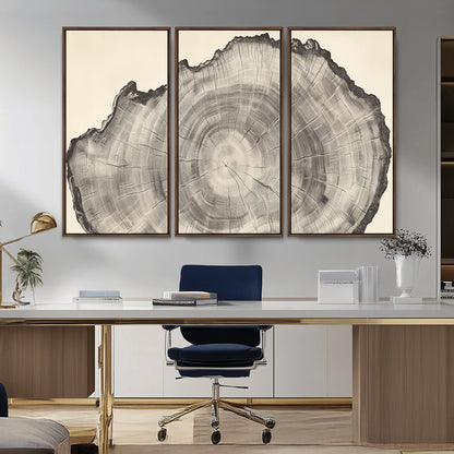 Detailed tree ring drawing in monochrome tones, ideal for rustic or nature-inspired interiors with a minimal decor aesthetic.