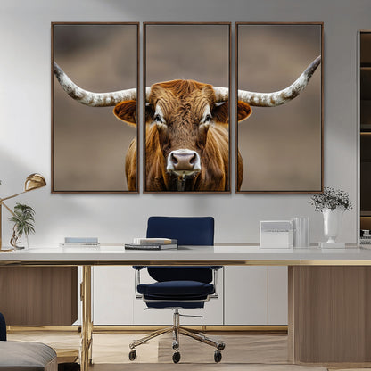 Close-up of a Texas Longhorn with strong curved horns and warm brown tones, perfect for rustic or western-style wall decor.