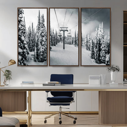 Canvas of a snowy ski lift scene through a forest of tall pine trees, ideal for moody winter or alpine-themed home decor.