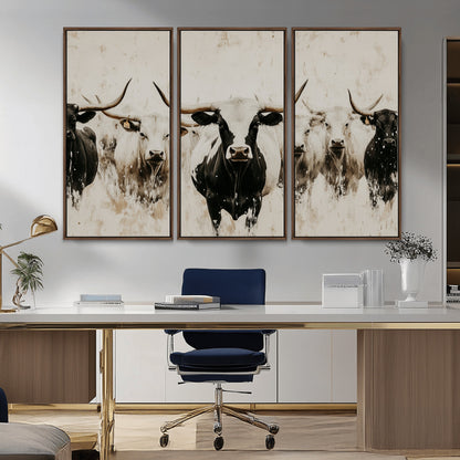 Illustrated herd of longhorn cattle in black and white tones with a neutral textured background, perfect for rustic or farmhouse-style decor.