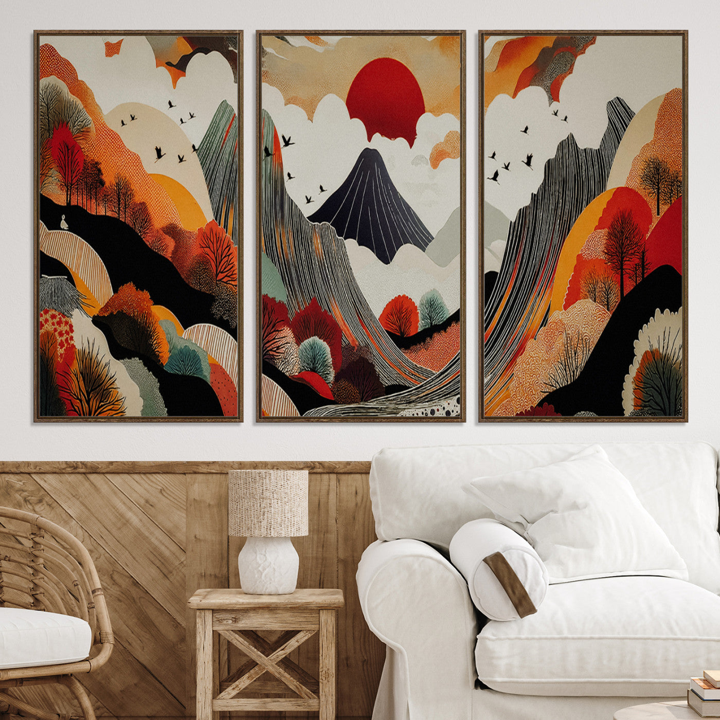 Abstract Mountain Wall Art Canvas Print, Vibrant Landscape Print, Framed Stylized Nature Drawing Art Print, Large Sunset Mountains Printing Perfect for Contemporary Minimalist Decor