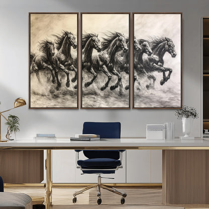 Monochrome drawing of a herd of galloping horses, perfect for dynamic and wild-themed decor in any equestrian or nature-inspired room.