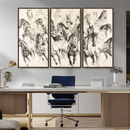 Monochrome ink sketch of galloping horses in dynamic motion, perfect for western or equine-themed wall decor with bold artistic energy.